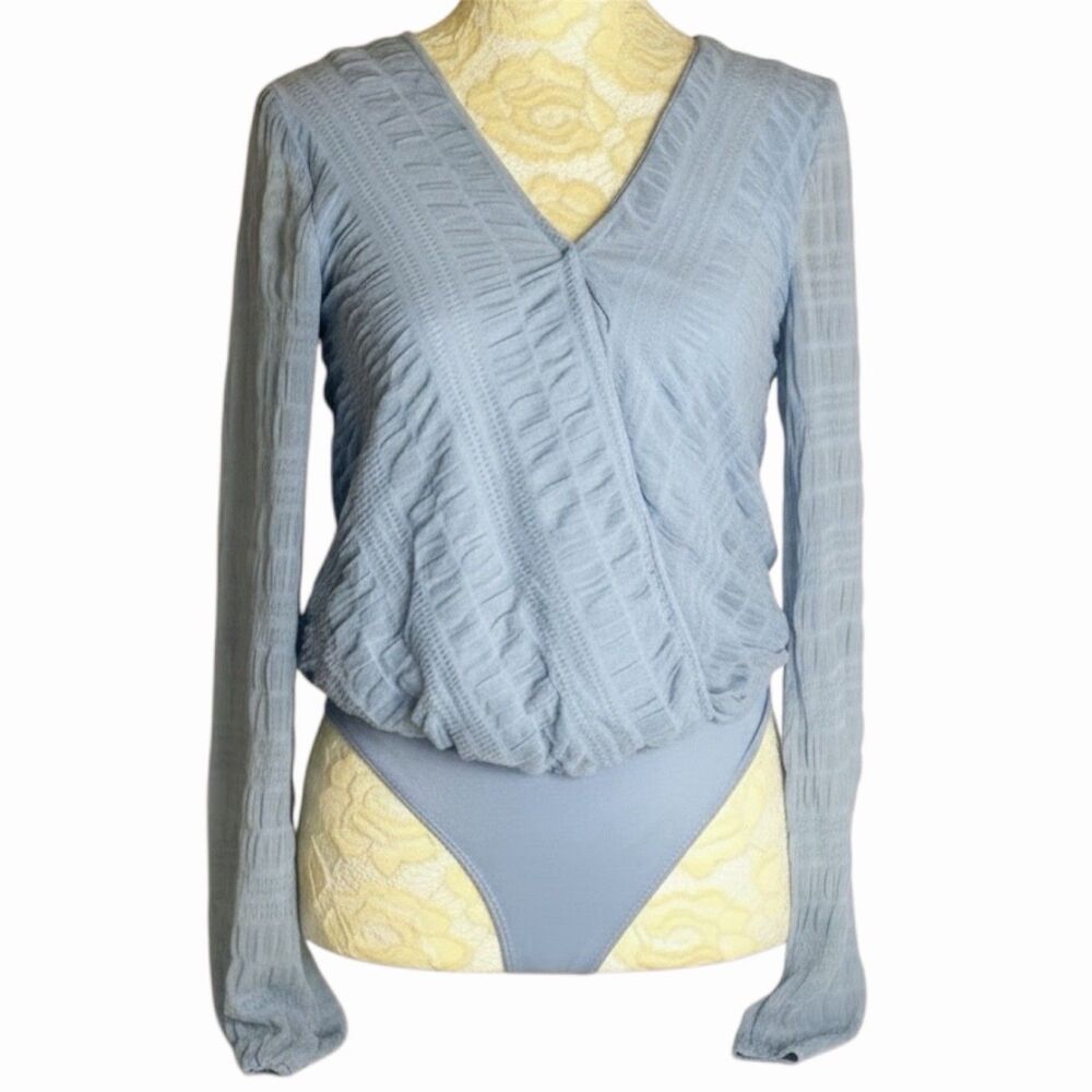 SO Mesh Puckered Bodysuit Shirt Top Blouse Wrap Sheer Blue S
